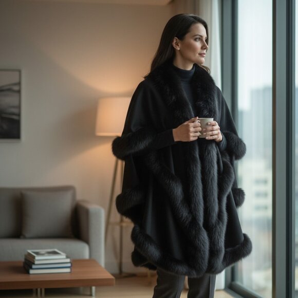 Designer Bloomingdales Black Wool & Fox Fur Trim Snap Front Cape Coat M/L - Picture 8 of 14